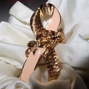 Breast Cancer Awareness Pink Gold and Cream Ribbon Brooch